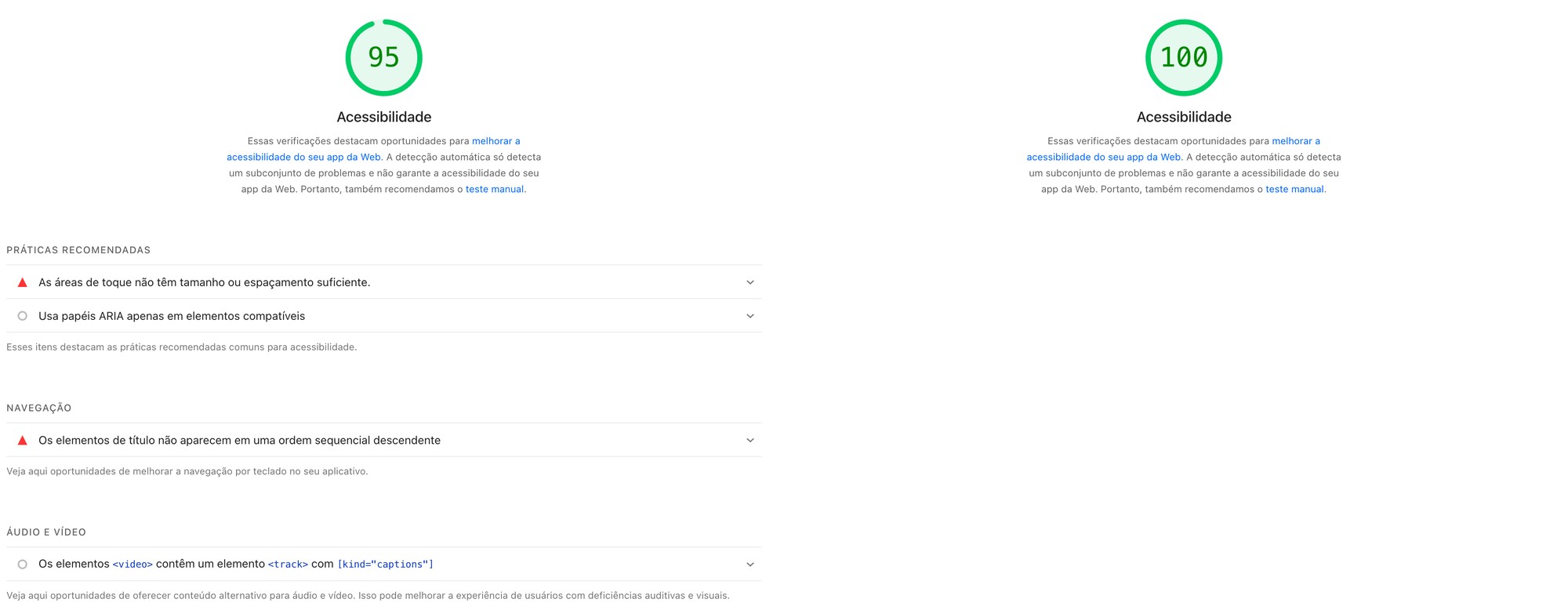 Relatórios de acessibilidade do PageSpeed Insights lado a lado: à esquerda, nota 95 com a lista de itens apontados; à direita, nota 100