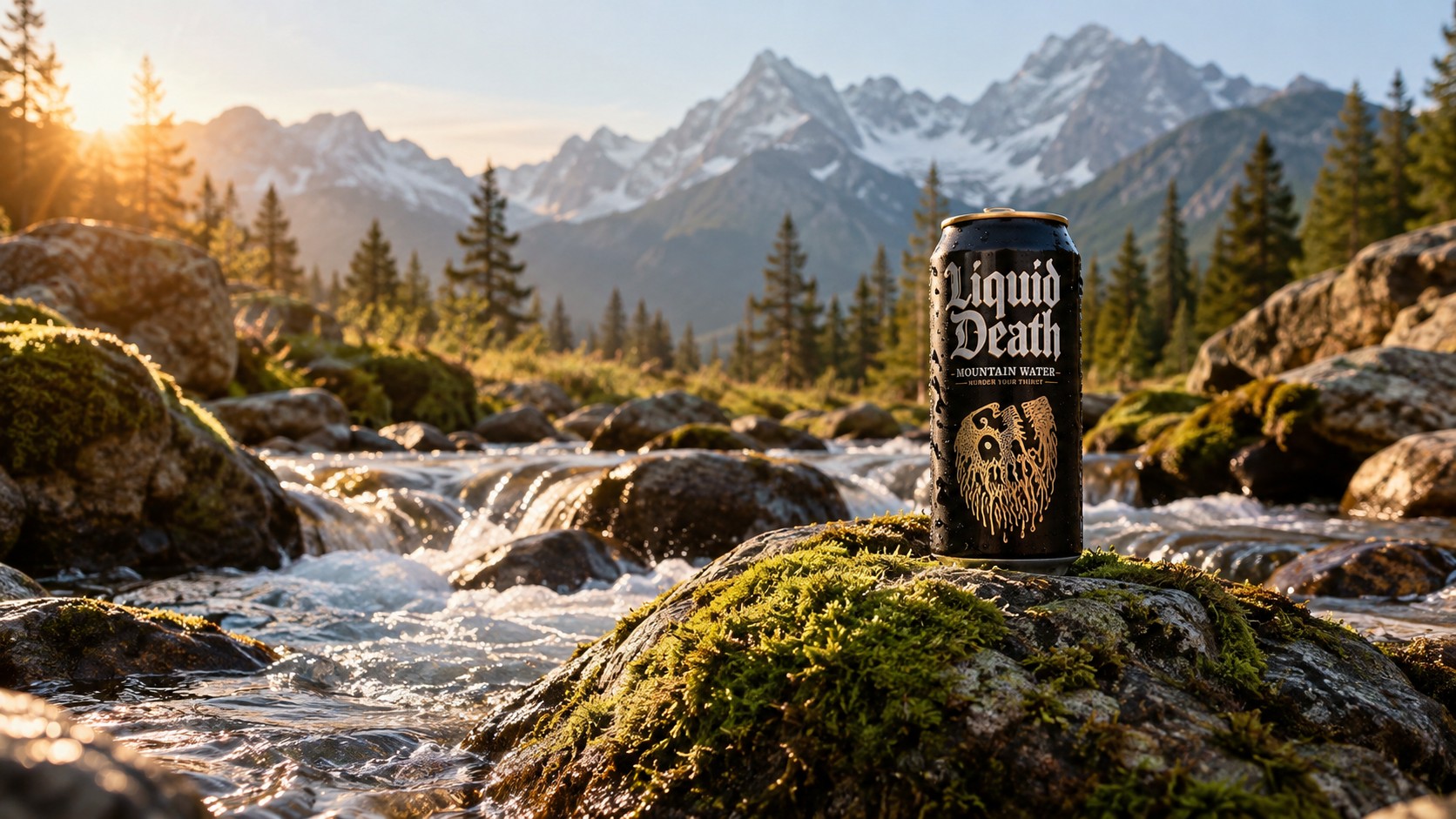 Lata preta de Liquid Death em cima de uma pedra num riacho de montanha nos Alpes, com sol baixo