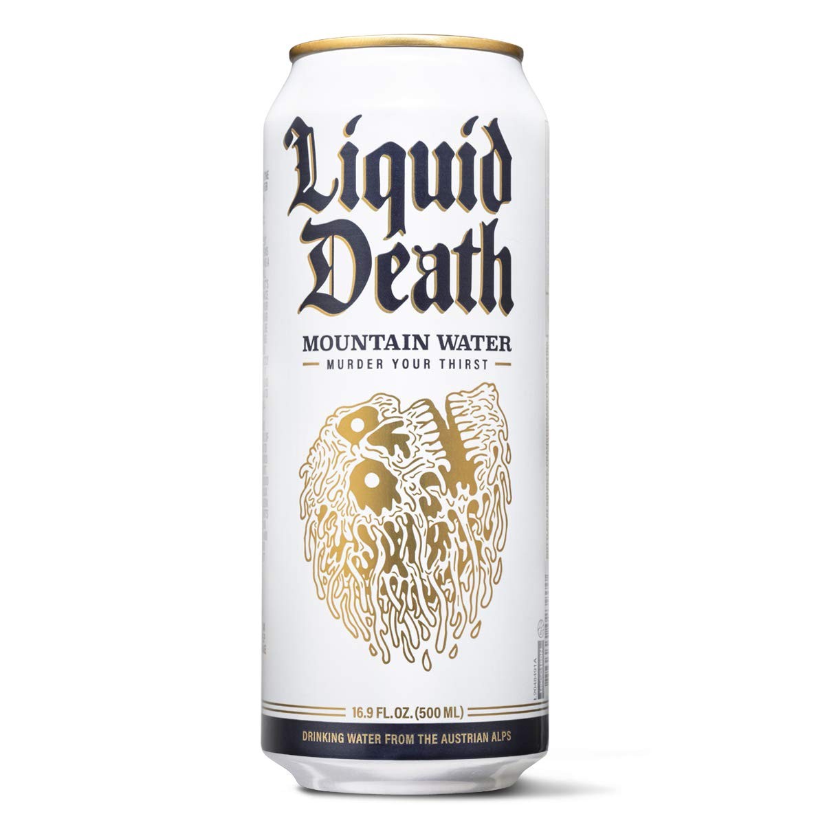 Lata branca e alta da Liquid Death, com o nome em letra gótica e a caveira dourada derretendo no meio