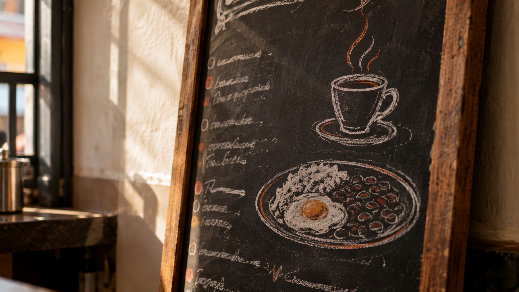 Lousa de cardápio escrita a giz, encostada na parede de uma lanchonete, com o desenho de um prato de comida e de uma xícara de café e as linhas de texto fora de foco