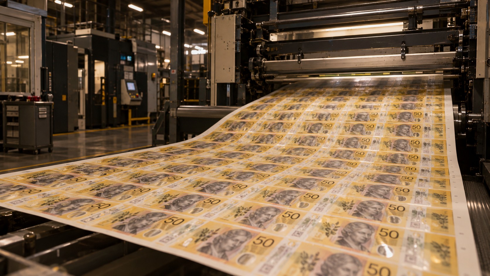 Folhas de notas amarelas de 50 dólares australianos ainda sem cortar saindo de uma impressora industrial