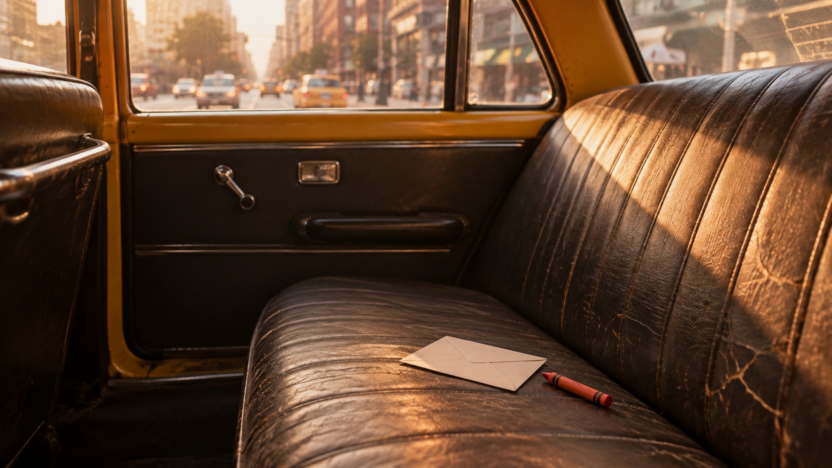 A small white envelope lying face down on the worn vinyl seat of an old taxi, a red wax crayon next to it and the street blurred in the window