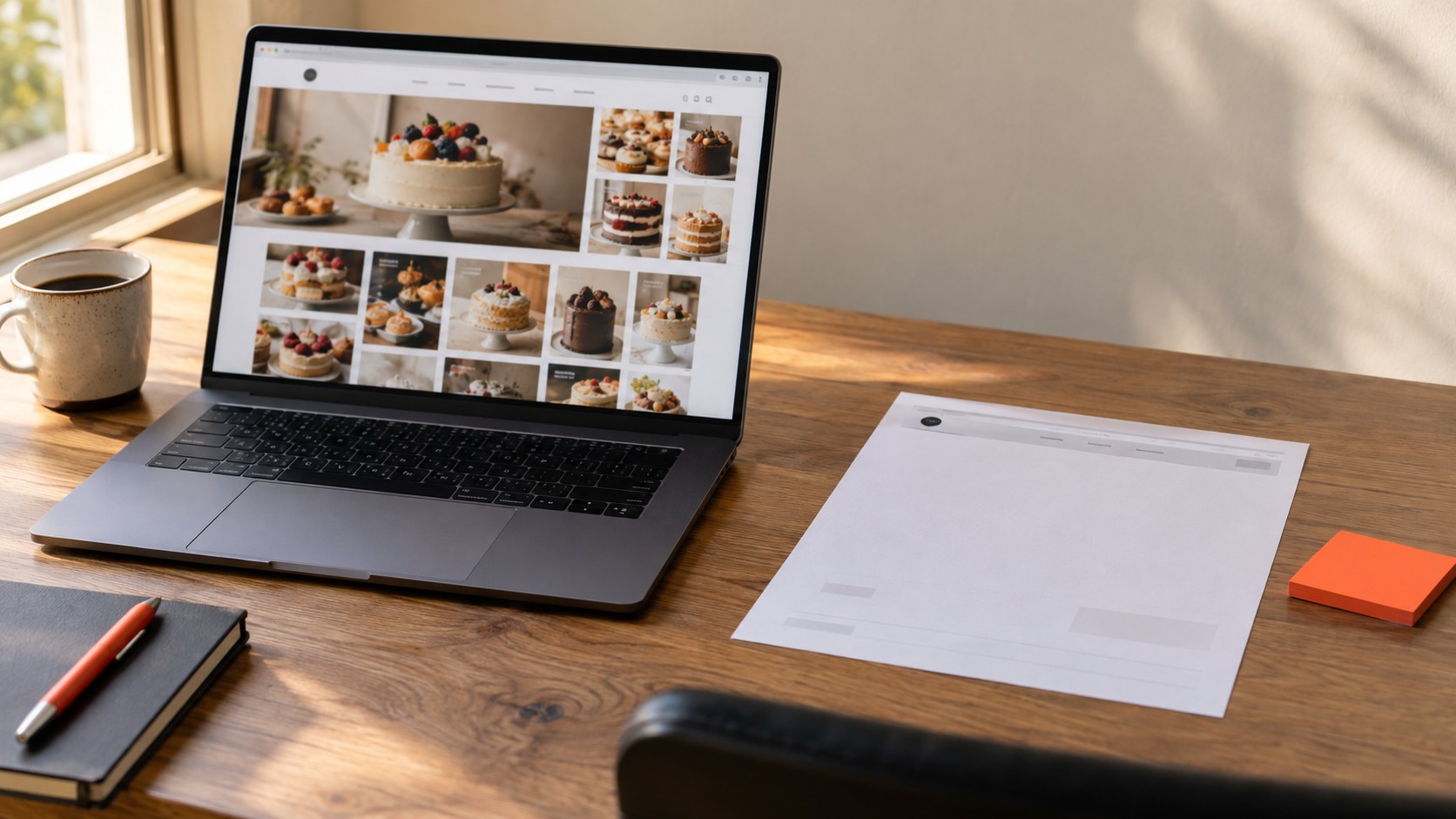 Notebook aberto mostrando o site de uma padaria com fotos de bolos, ao lado de uma folha impressa da mesma página quase toda em branco